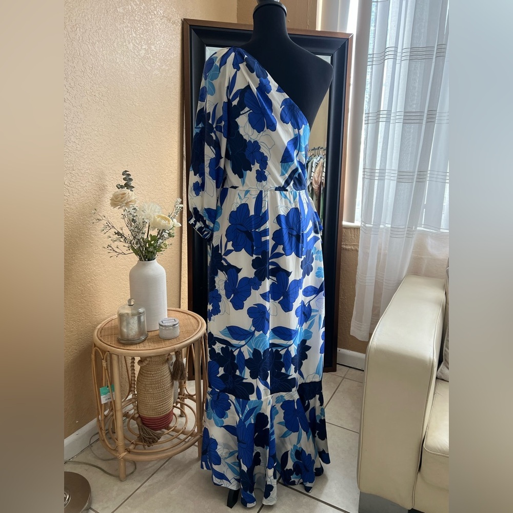 J. Crew collection Blue white floral one shoulder maxi Dress Ruffled size 10 - Picture 3 of 16
